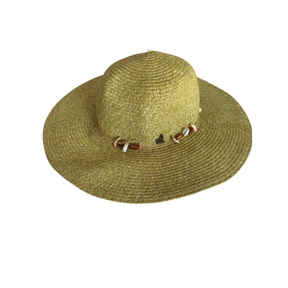 Island Beach Sun Hat Women One Size Tan Wide Brim Seashell Bead Accent